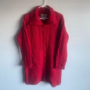 NWT Aran Crafts Ireland 100% Merino Wool Cable Knit Long Sweater Red Size Small